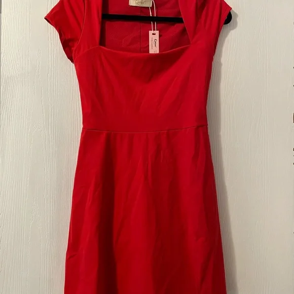 Red Fit and Flare Mini Dress with Square Neck - Picture 6 of 6